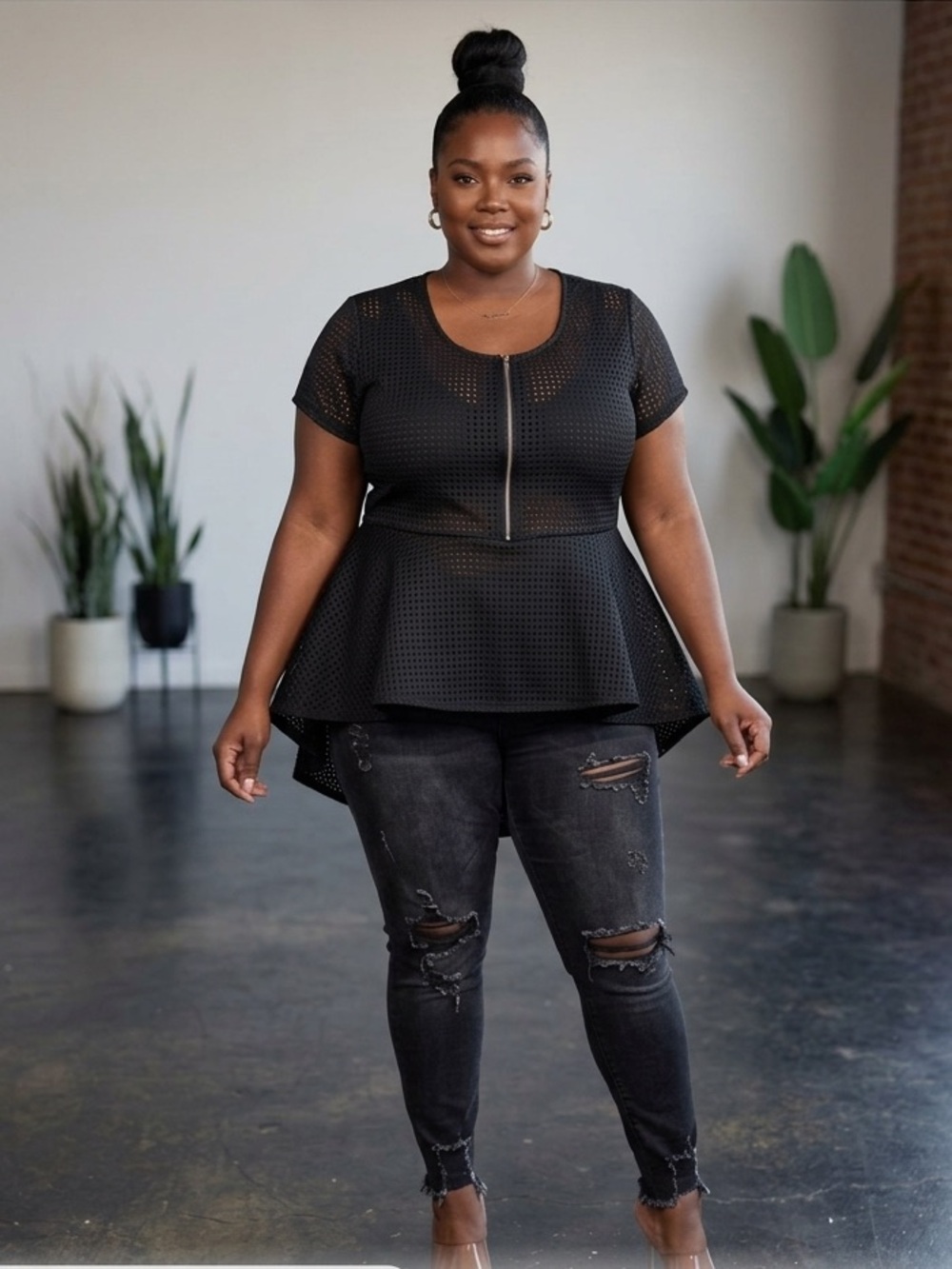 Plus Size Women's Black Peplum Zip-Front Top